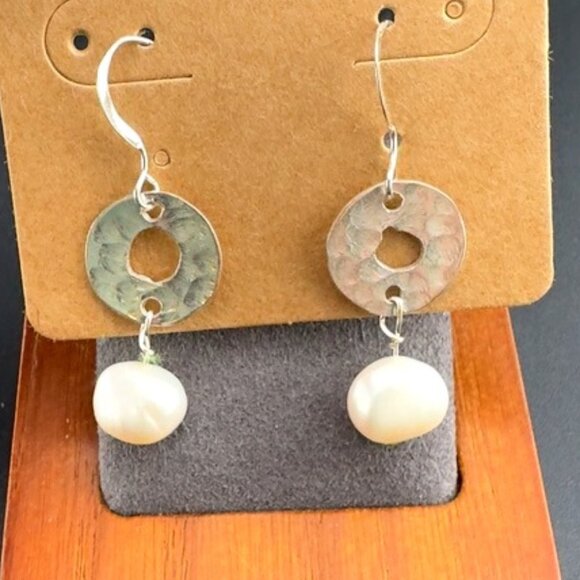 Two 2 Artisan Sterling Silver & Pearl Dangle drop Earrings - Picture 2 of 4